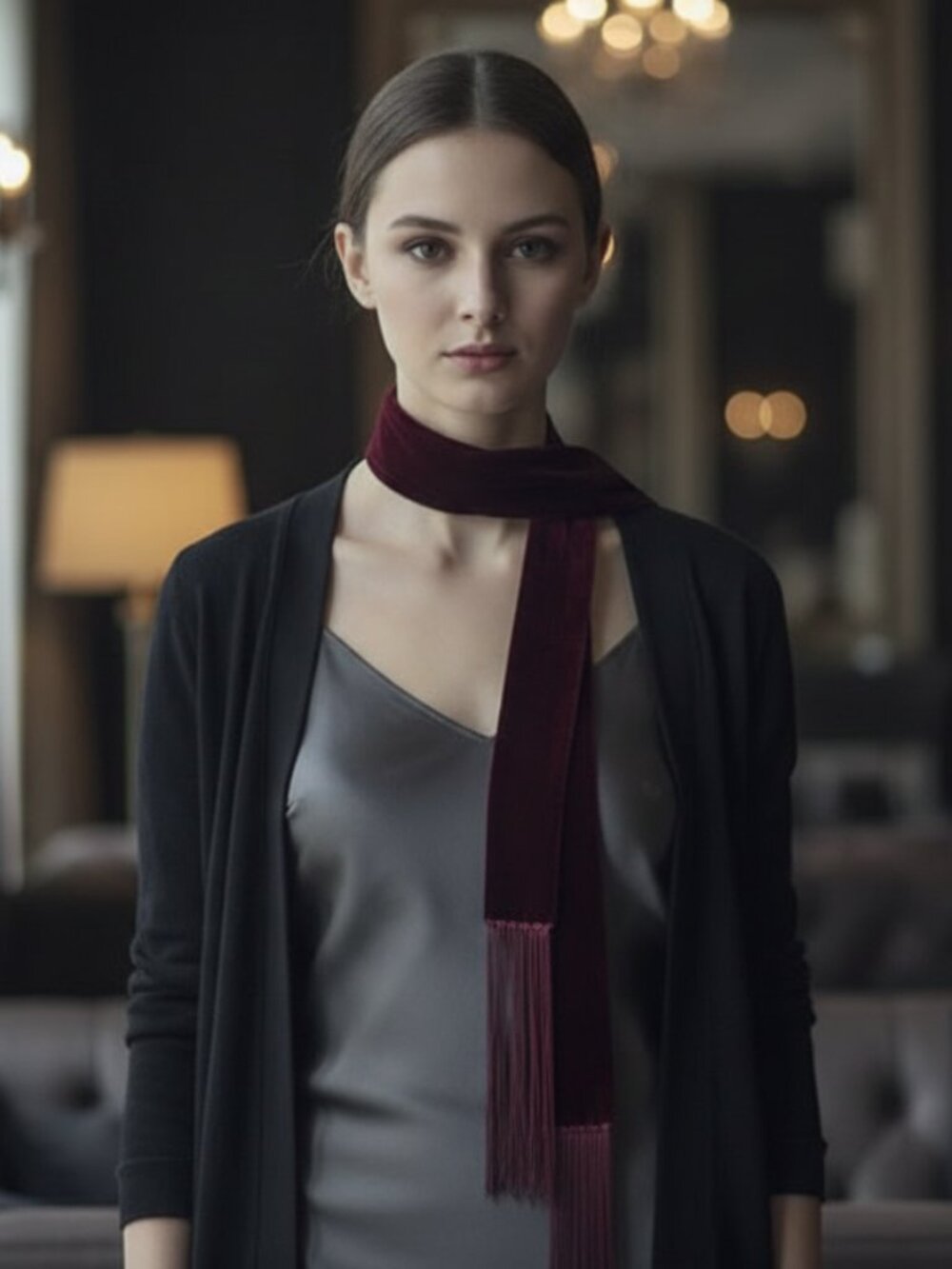 Zara Accessories Burgundy Velvet Fringe Skinny Scarf Tie